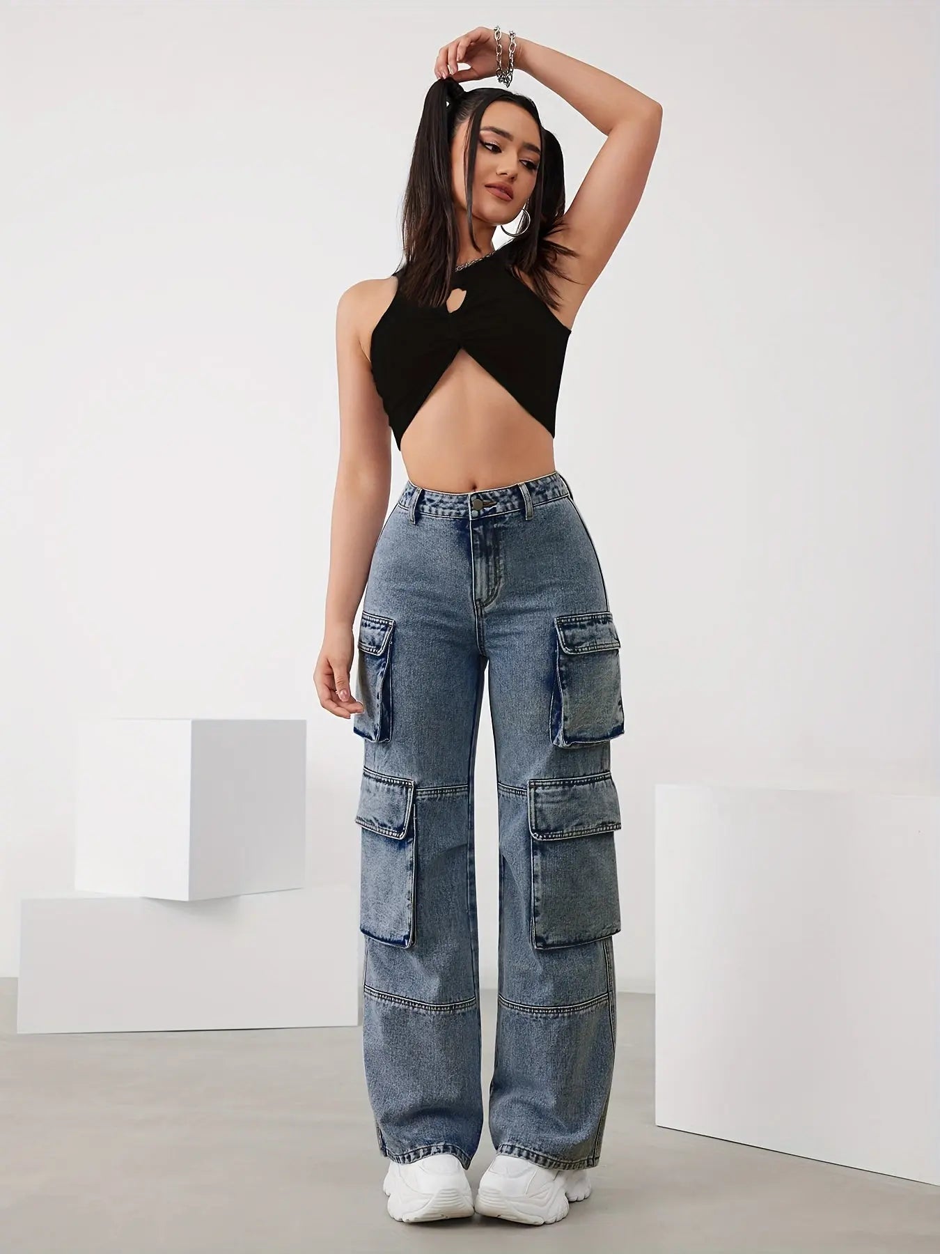 Sky Blue High-Waisted Wide-Leg Jeans with Multi-Pockets for Women - Versatile, Easy-Care Casual Denim Bella's store