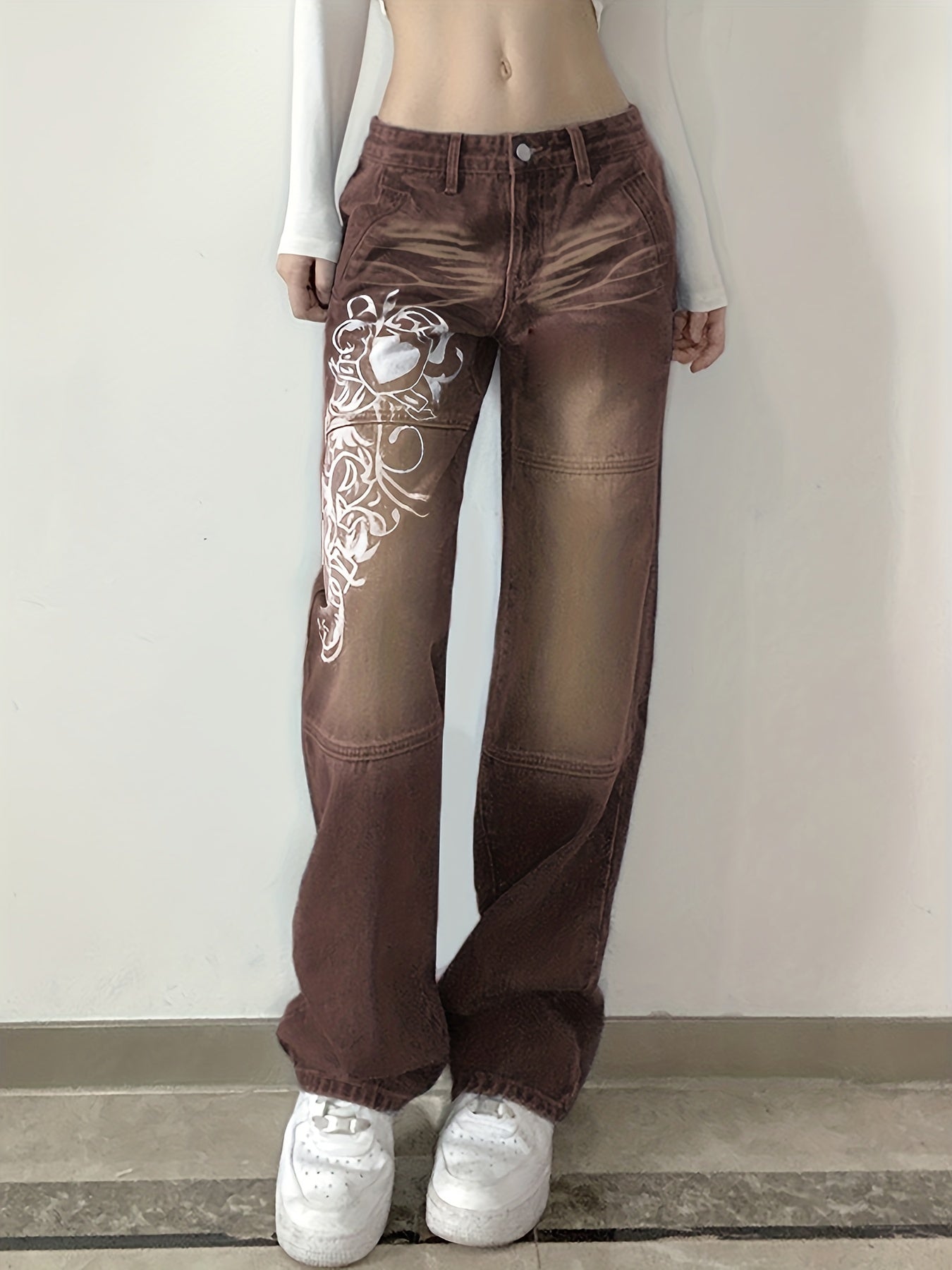 Chic White Floral Print High Waist Boyfriend Jeans - Flattering Thigh High Rise, Ultra-Comfy Loose Fit, Trendy Plicated Hem, Stylish Sectional Design, Premium Denim, Figure-Sculpting - Womens Closet Essential