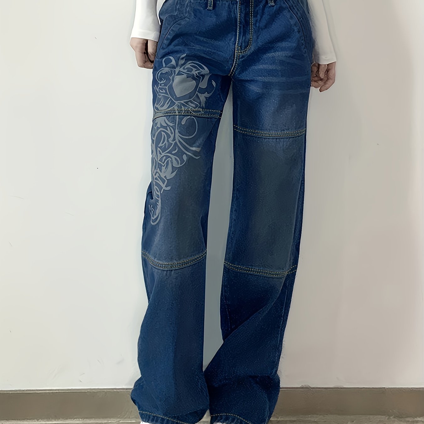 Chic White Floral Print High Waist Boyfriend Jeans - Flattering Thigh High Rise, Ultra-Comfy Loose Fit, Trendy Plicated Hem, Stylish Sectional Design, Premium Denim, Figure-Sculpting - Womens Closet Essential