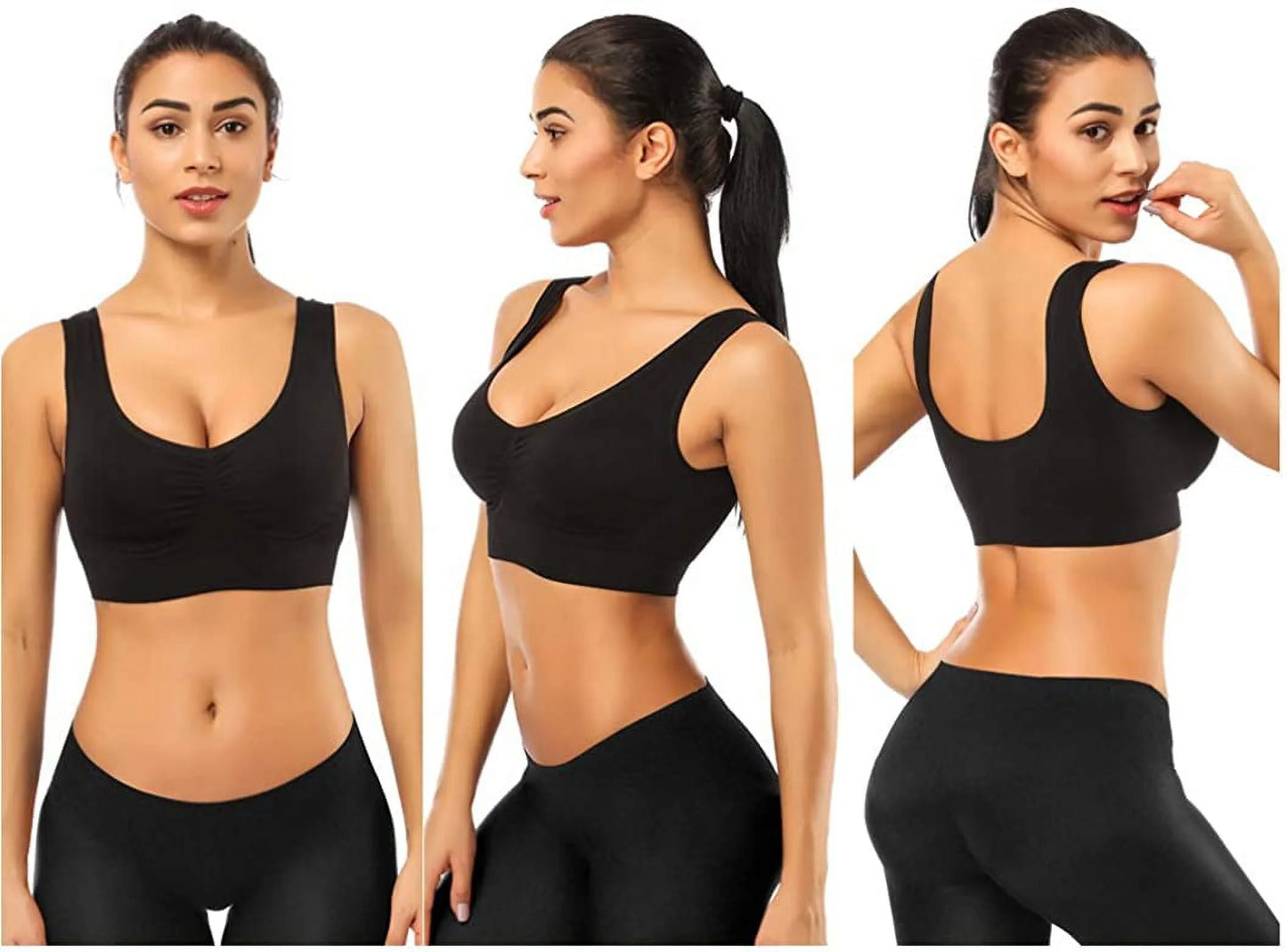 3-Pack Women's Seamless Sports Bras with Removable Pads for Sleep, Pull-On Closure, Plus Size, Black, White, and Nude, XXL