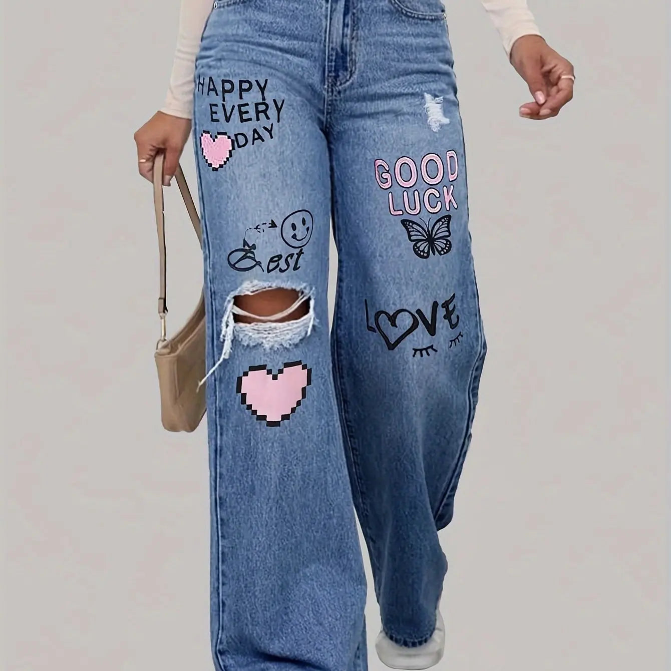 High Waist Heart Graffiti Jeans: Casual Wide-Leg Style, Ripped Denim for All Seasons Bella's store