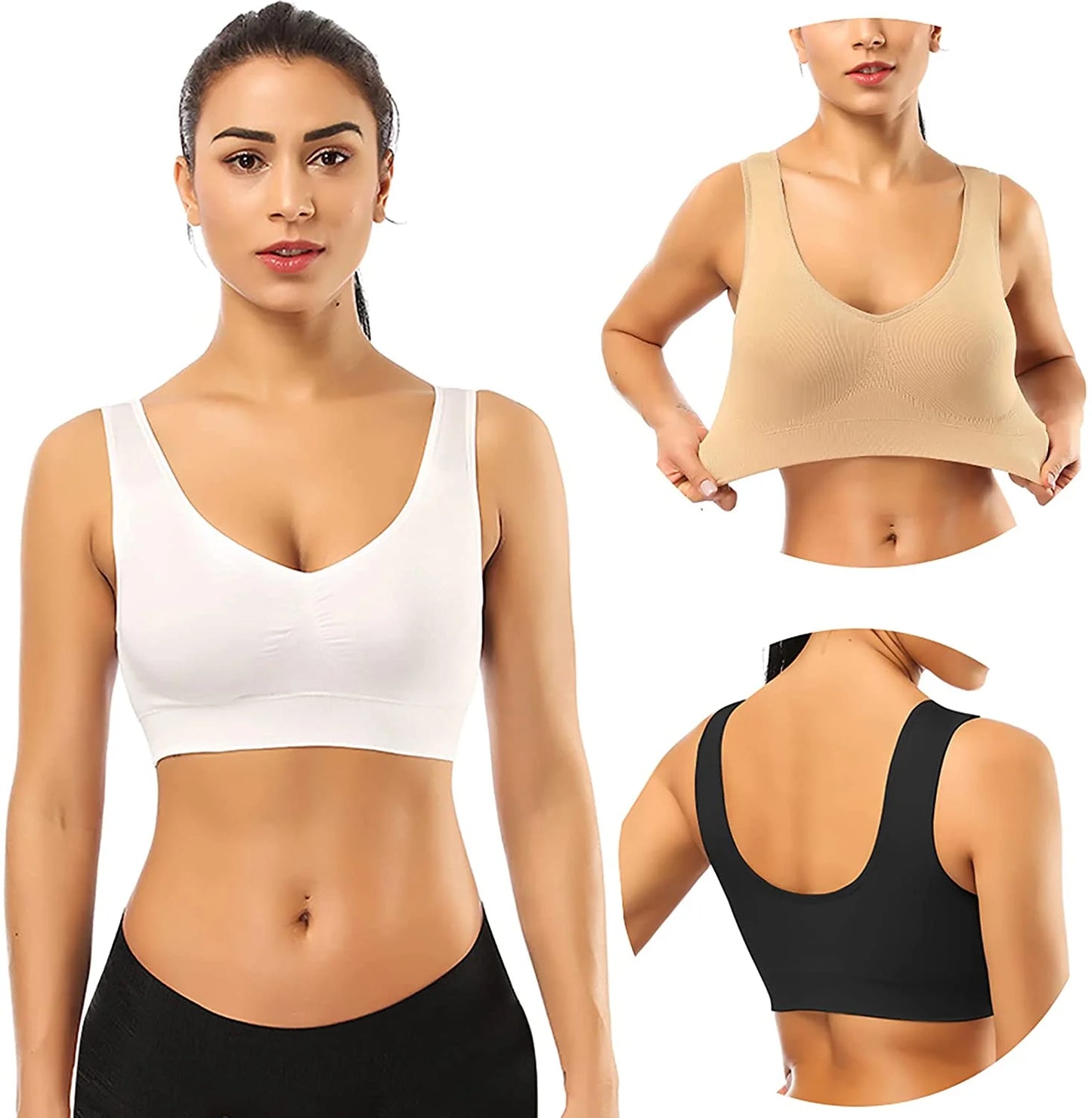 3-Pack Women's Seamless Sports Bras with Removable Pads for Sleep, Pull-On Closure, Plus Size, Black, White, and Nude, XXL