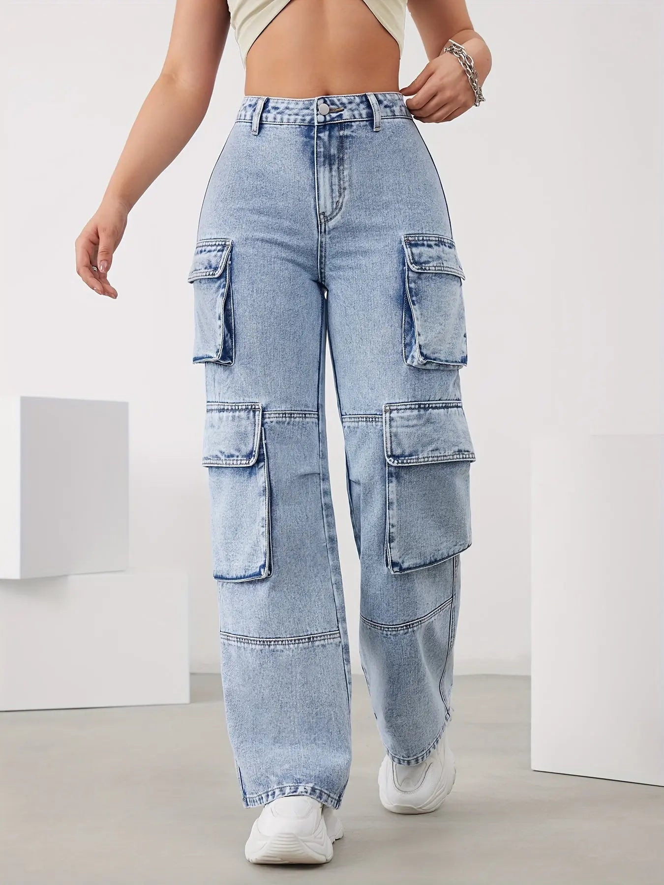 Sky Blue High-Waisted Wide-Leg Jeans with Multi-Pockets for Women - Versatile, Easy-Care Casual Denim Bella's store