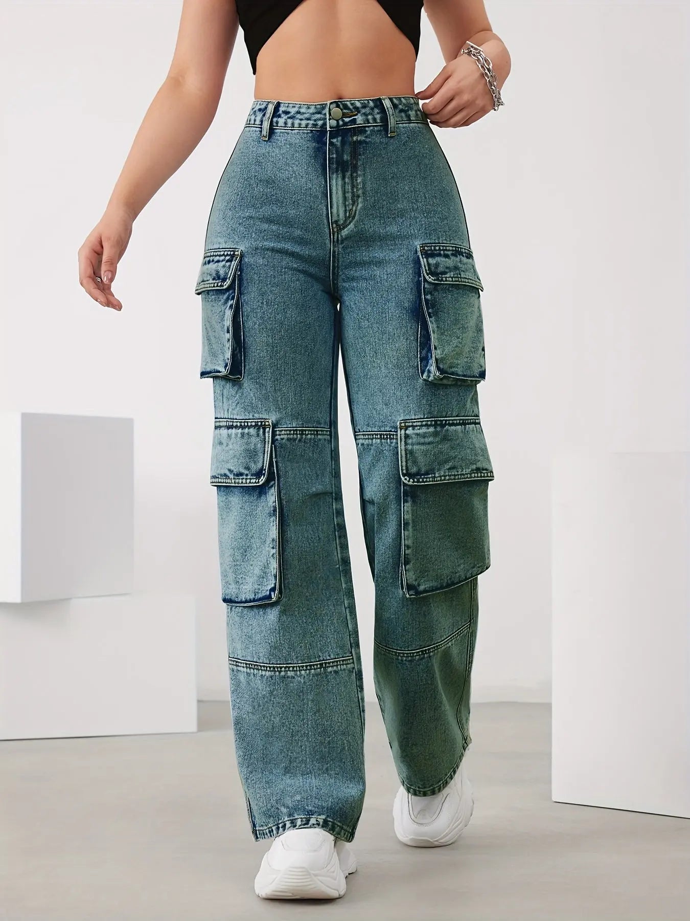 Sky Blue High-Waisted Wide-Leg Jeans with Multi-Pockets for Women - Versatile, Easy-Care Casual Denim Bella's store