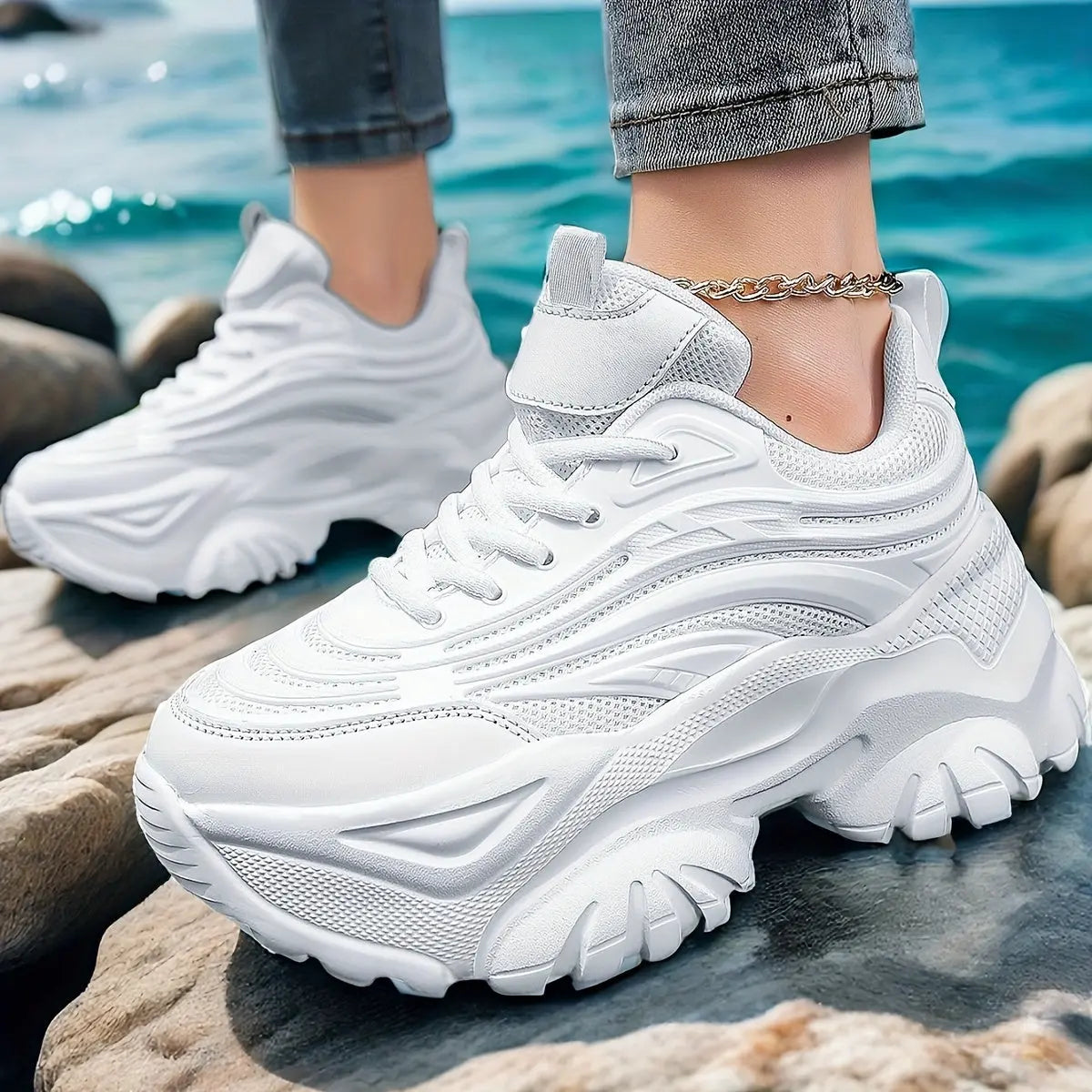 Women's Ultra-Light Breathable Mesh Sneakers - Chic Thick Sole Casual Running Shoes, Height-Boosting Low-Top Lace-Ups for Casual Attire, Work, and Walking - Versatile All-Season Footwear Bella's store