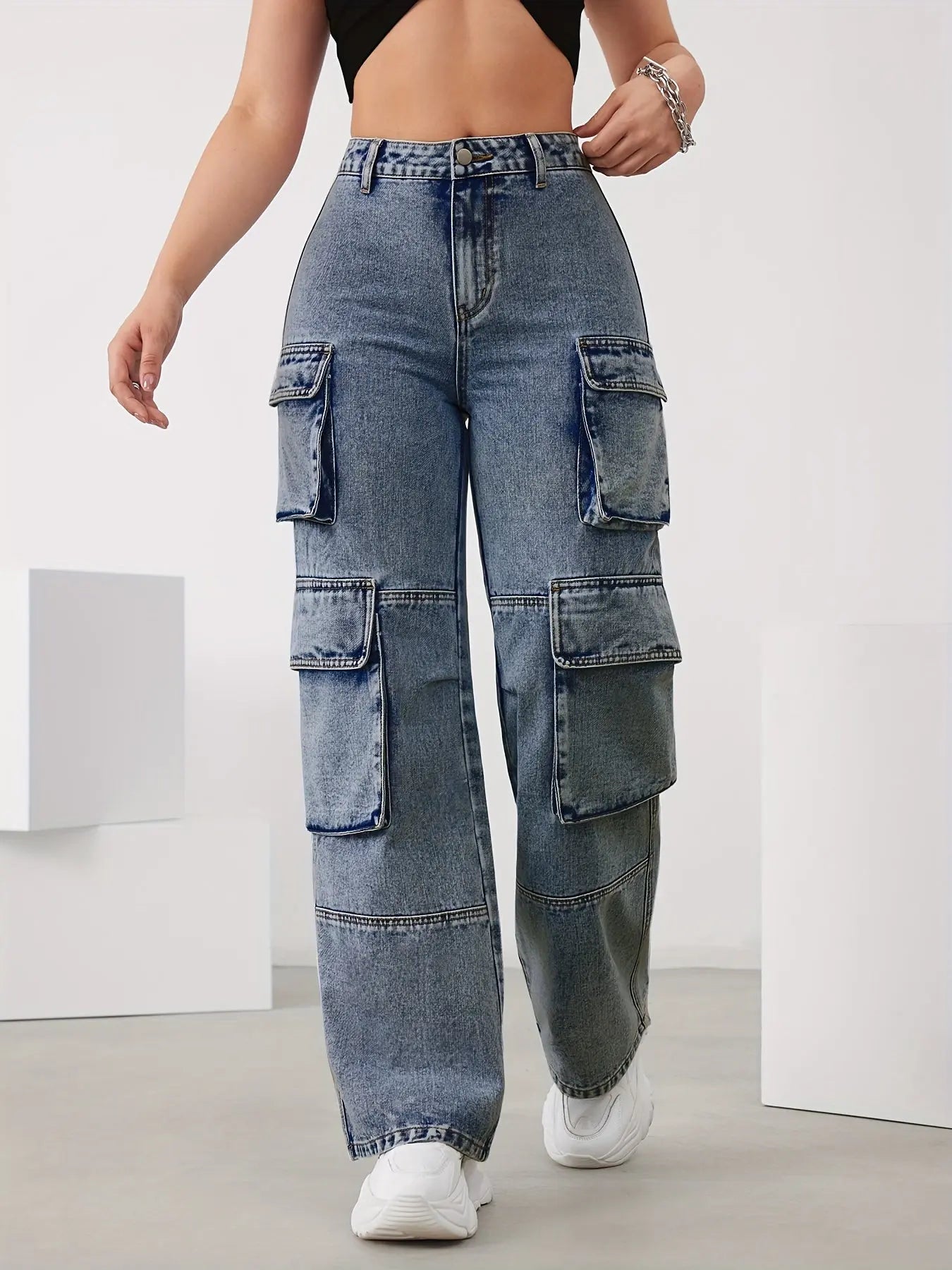 Sky Blue High-Waisted Wide-Leg Jeans with Multi-Pockets for Women - Versatile, Easy-Care Casual Denim Bella's store