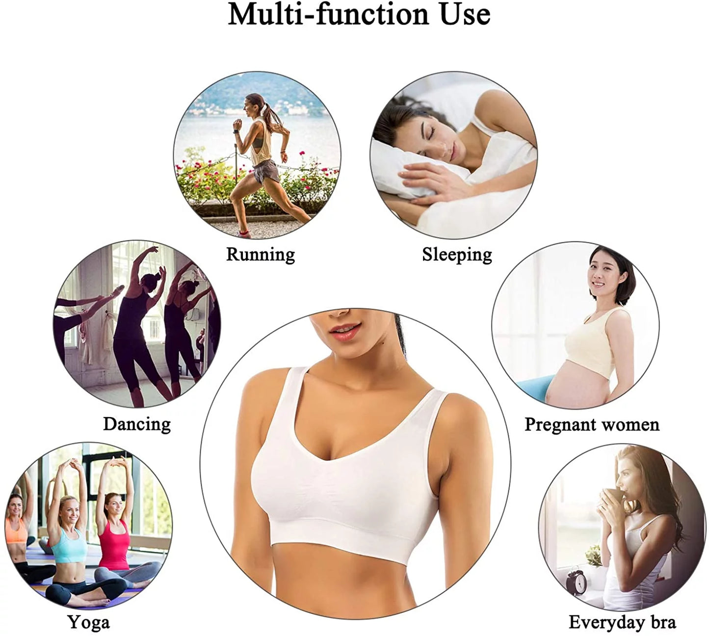 3-Pack Women's Seamless Sports Bras with Removable Pads for Sleep, Pull-On Closure, Plus Size, Black, White, and Nude, XXL