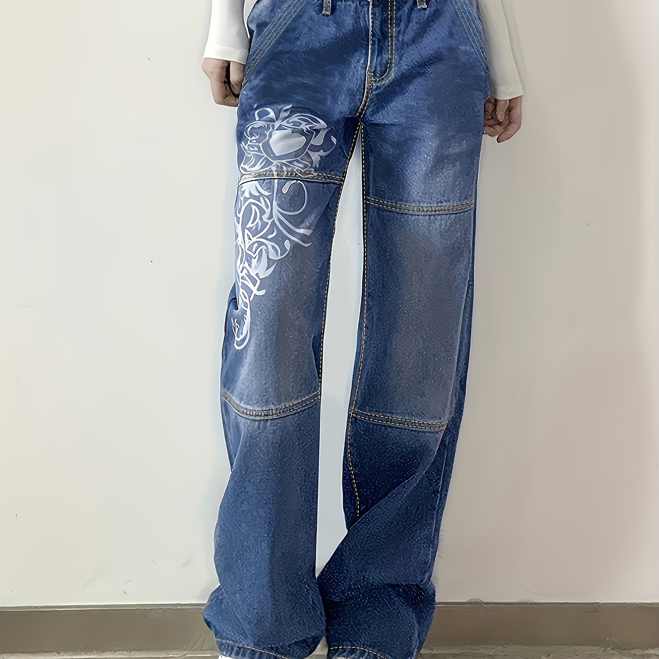 Chic White Floral Print High Waist Boyfriend Jeans - Flattering Thigh High Rise, Ultra-Comfy Loose Fit, Trendy Plicated Hem, Stylish Sectional Design, Premium Denim, Figure-Sculpting - Womens Closet Essential
