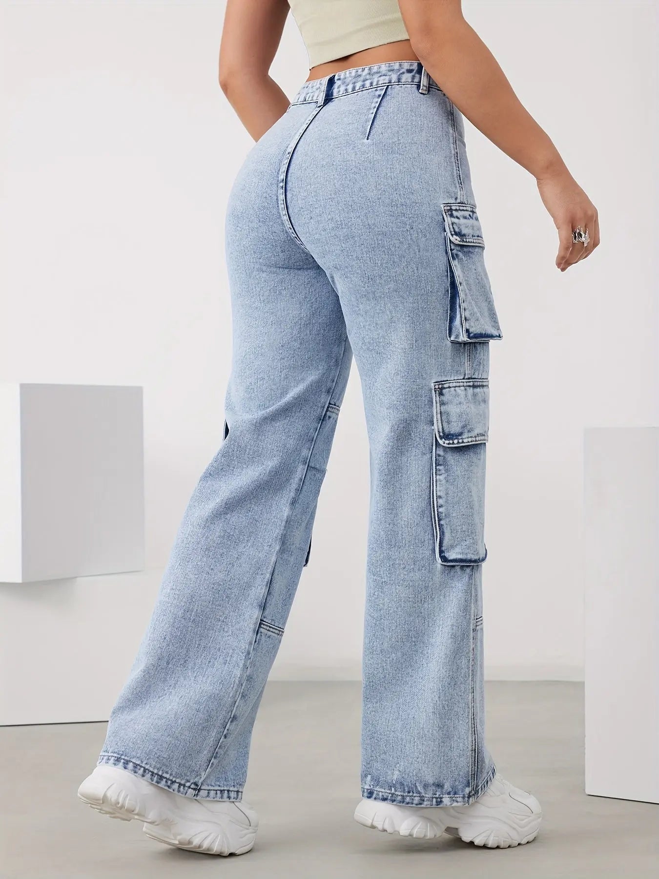 Sky Blue High-Waisted Wide-Leg Jeans with Multi-Pockets for Women - Versatile, Easy-Care Casual Denim Bella's store