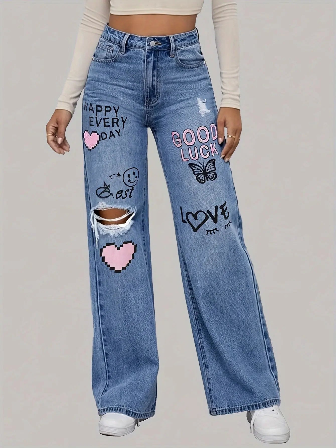 High Waist Heart Graffiti Jeans: Casual Wide-Leg Style, Ripped Denim for All Seasons Bella's store