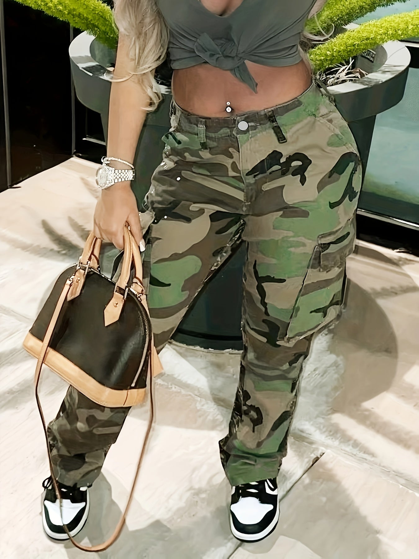 High Waist Straight Camouflage Cargo Jeans, Camo Print Medium Stretch Side Flap Pocket High Rise Denim Pants, Women's Denim Jeans & Clothing