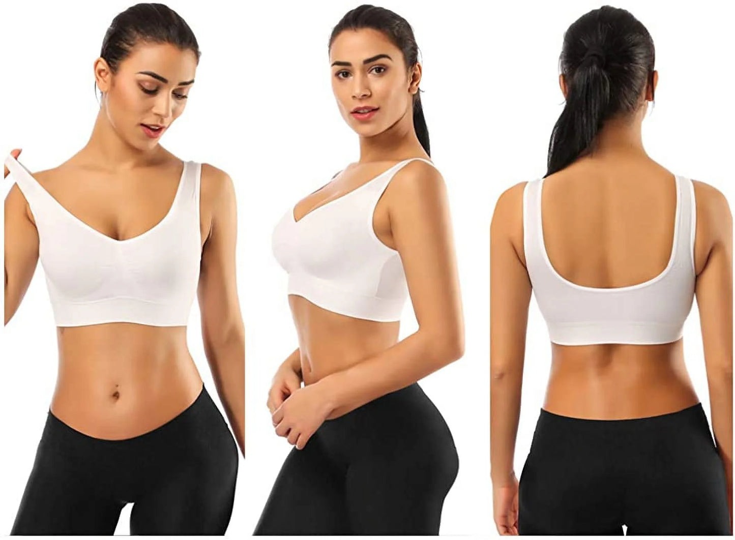 3-Pack Women's Seamless Sports Bras with Removable Pads for Sleep, Pull-On Closure, Plus Size, Black, White, and Nude, XXL