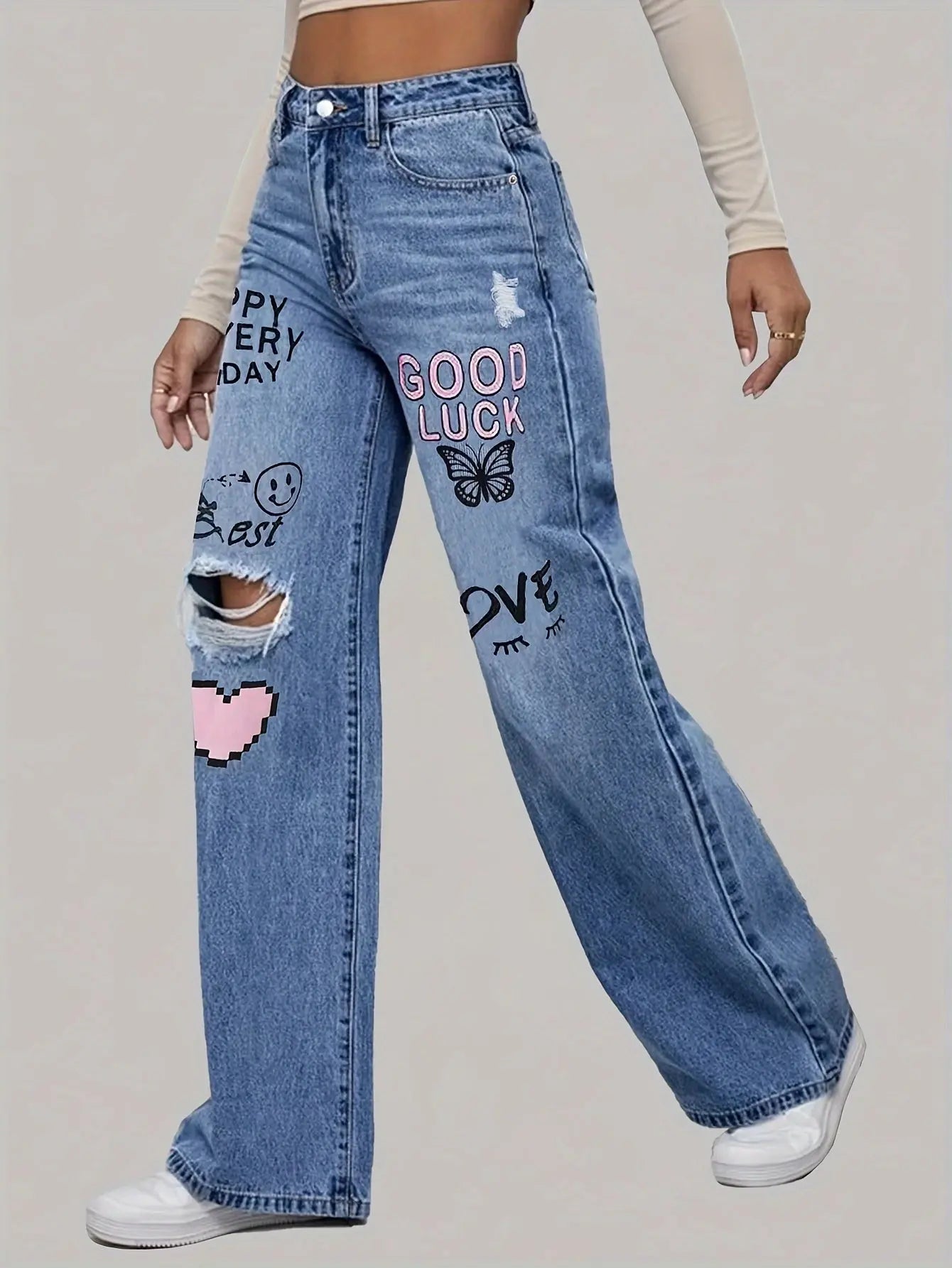 High Waist Heart Graffiti Jeans: Casual Wide-Leg Style, Ripped Denim for All Seasons Bella's store