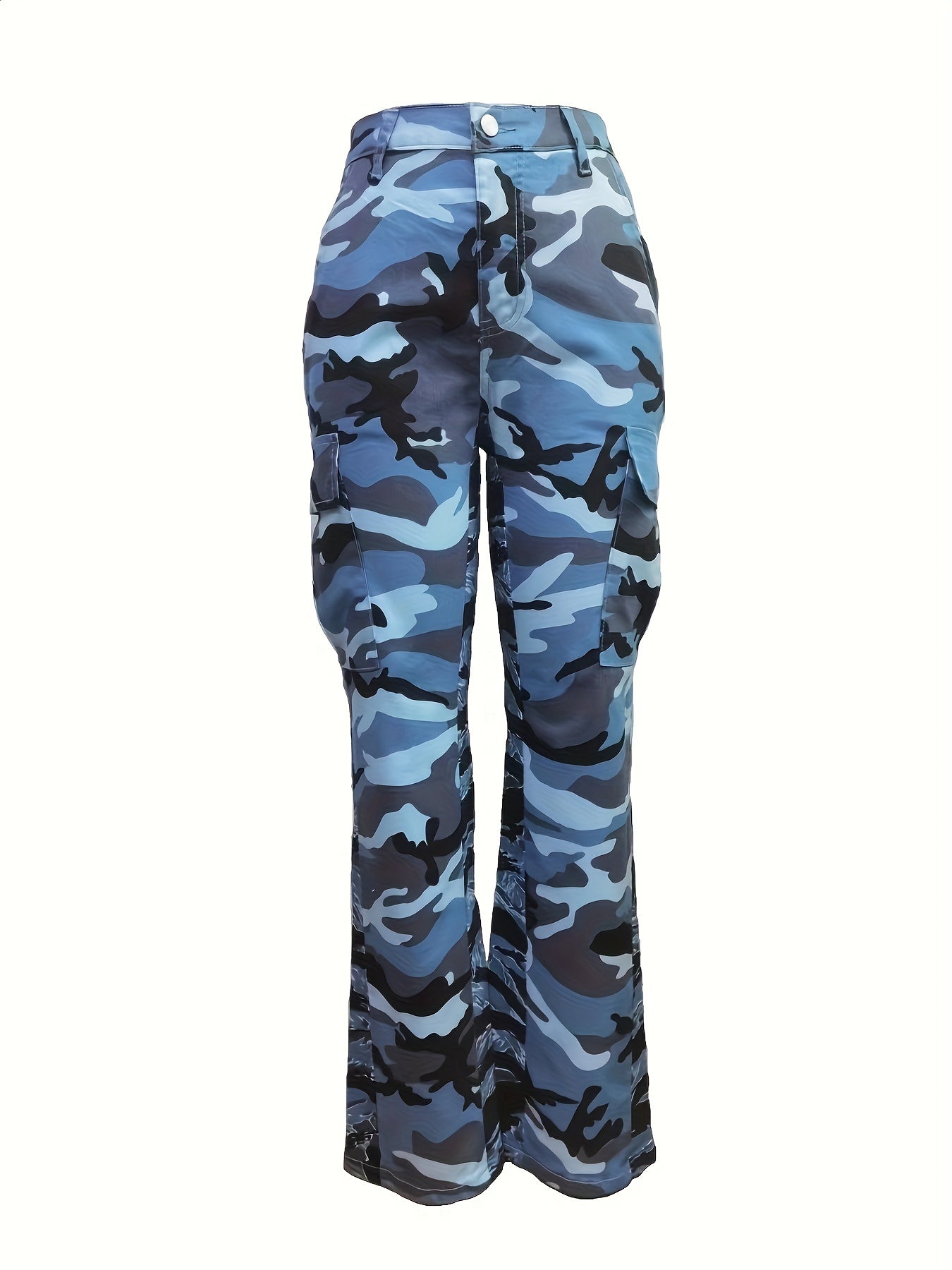 High Waist Straight Camouflage Cargo Jeans, Camo Print Medium Stretch Side Flap Pocket High Rise Denim Pants, Women's Denim Jeans & Clothing