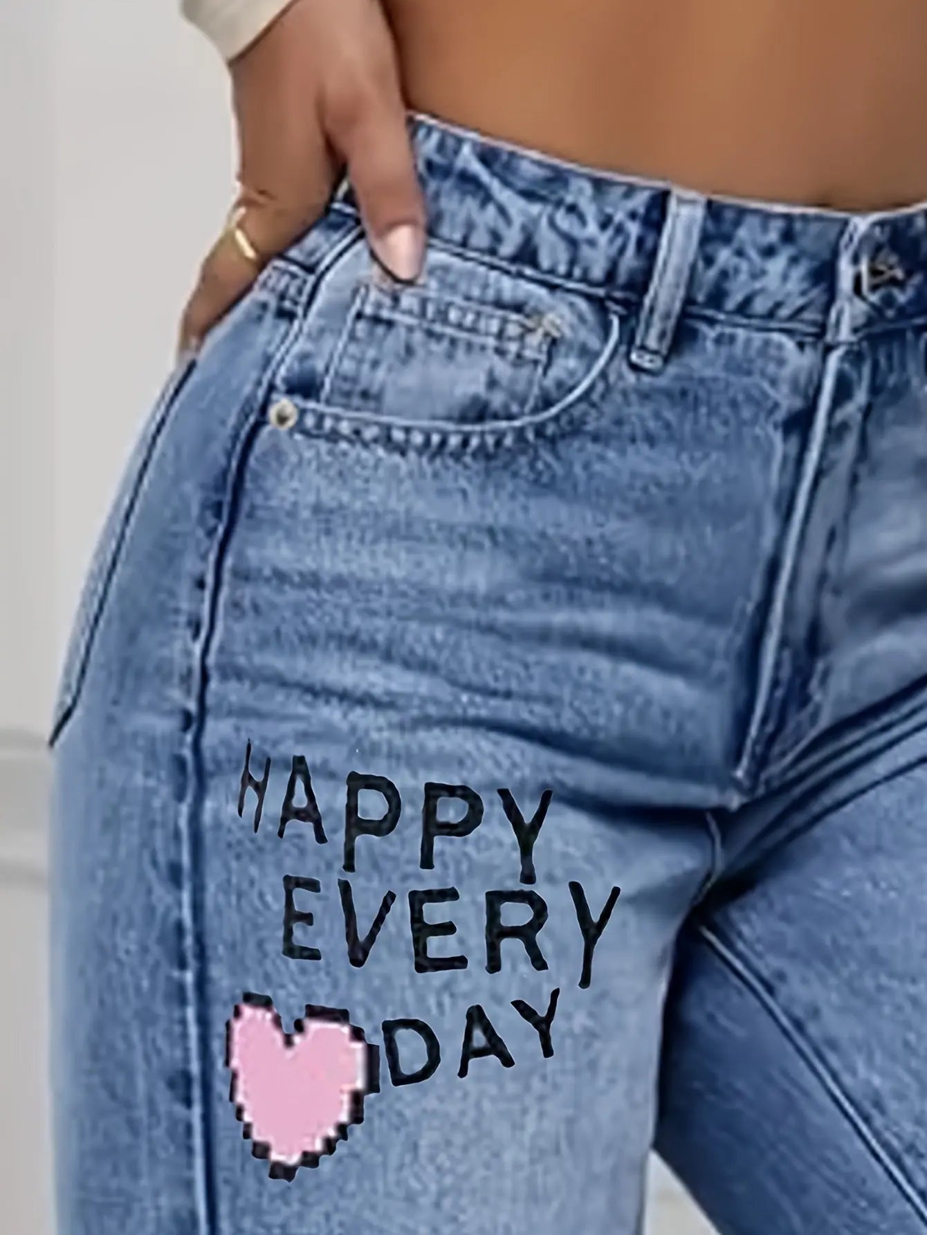 High Waist Heart Graffiti Jeans: Casual Wide-Leg Style, Ripped Denim for All Seasons Bella's store