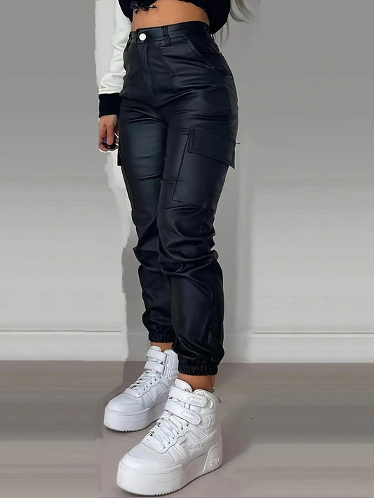 Stretchy Cargo Jeans - High-Waisted, Multi-Pocket, Leather-Look, Y2K Streetwear-Inspired, Fashionable Jogger Jeans for Women - Comfortable, Versatile, and Trendy Denim Clothing Bella's store