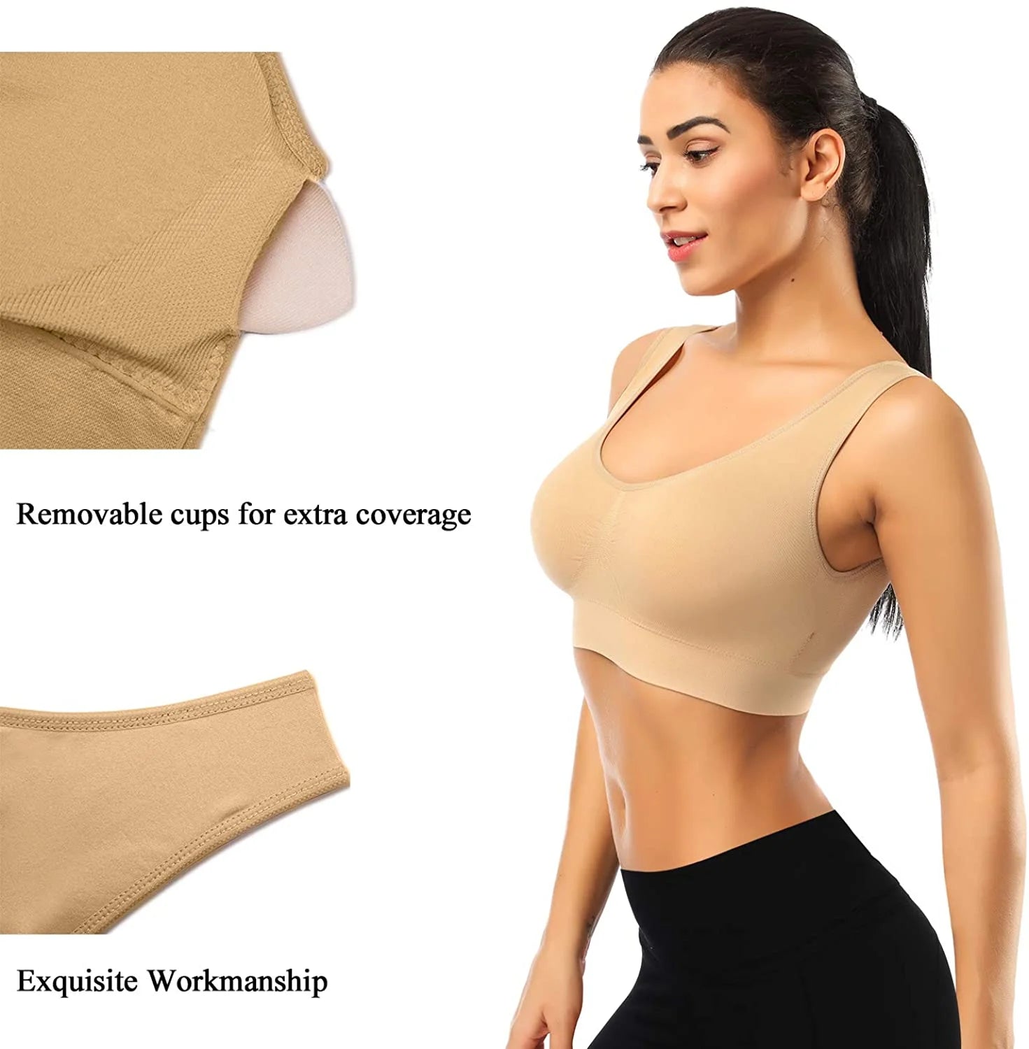 3-Pack Women's Seamless Sports Bras with Removable Pads for Sleep, Pull-On Closure, Plus Size, Black, White, and Nude, XXL
