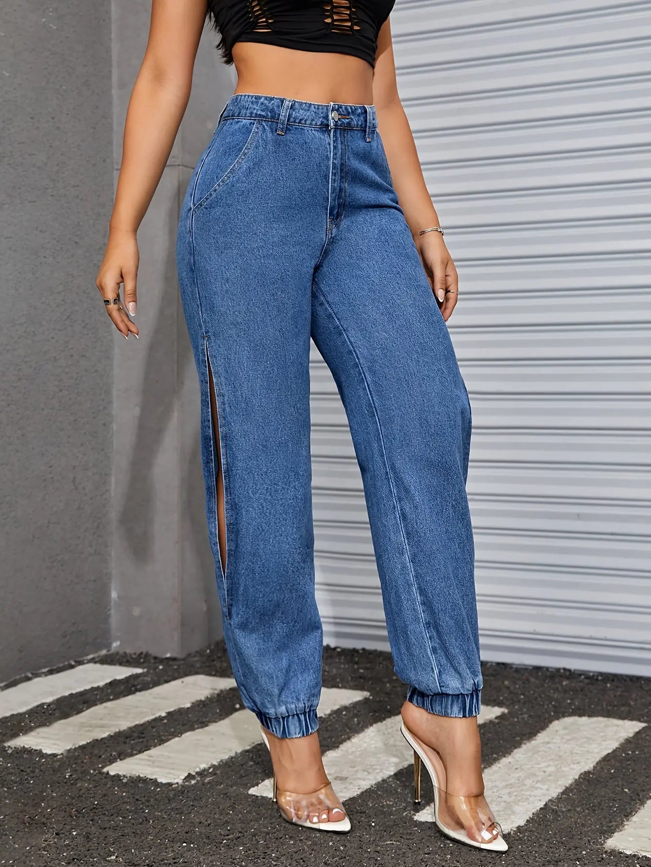 Chic DenimColab Jogger Pants - Comfortable Cotton, Sexy Split, All-Seasons Elegant Wear, Easy Maintenance Bella's store