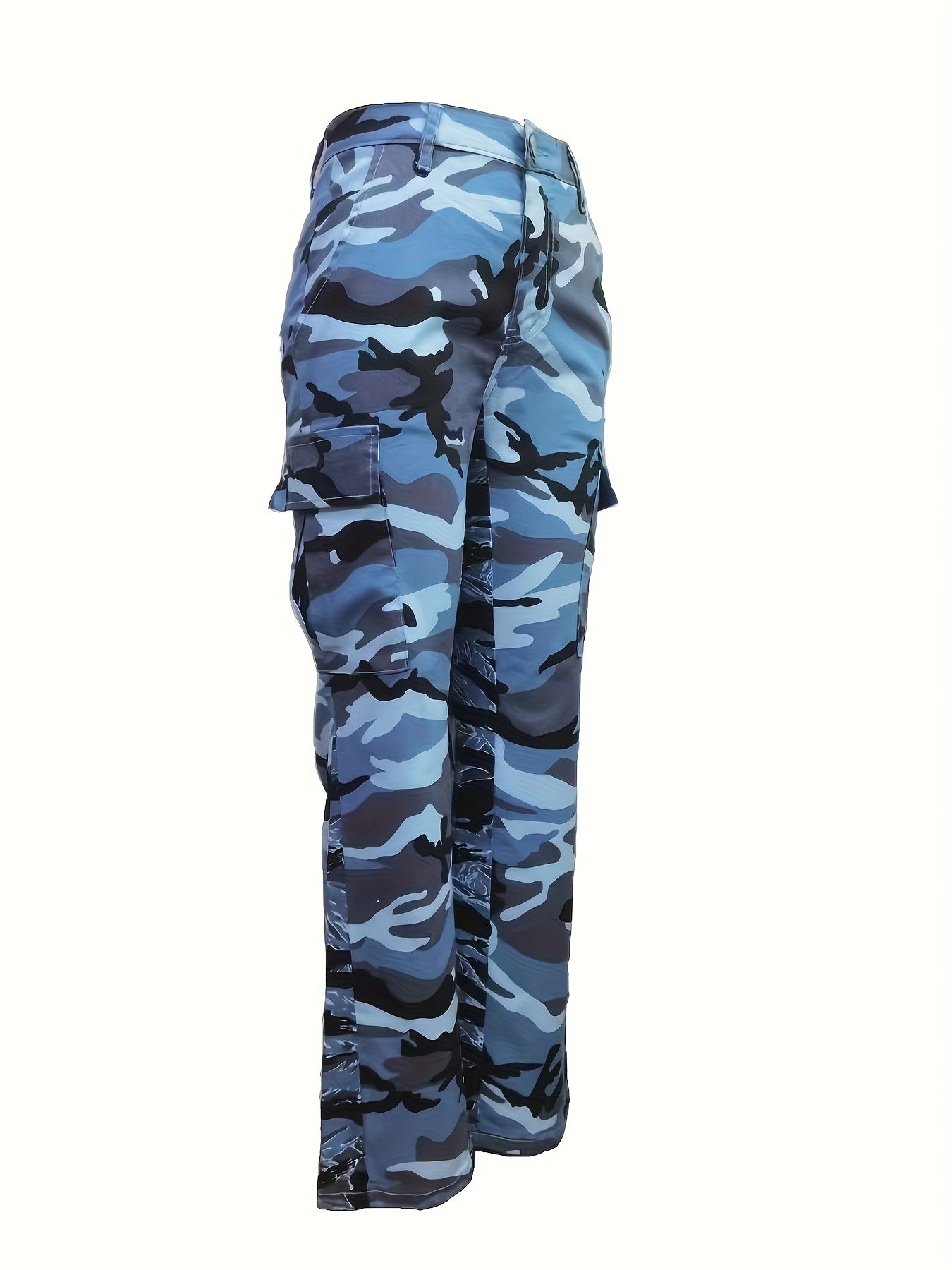 High Waist Straight Camouflage Cargo Jeans, Camo Print Medium Stretch Side Flap Pocket High Rise Denim Pants, Women's Denim Jeans & Clothing
