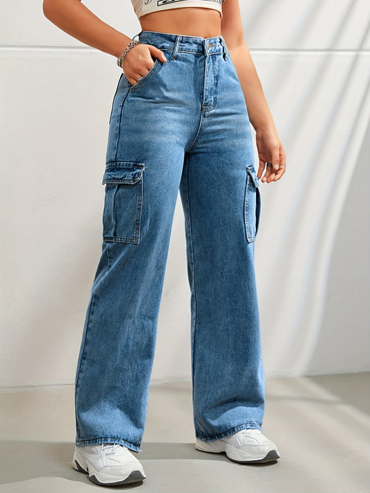 High-Waisted Y2K Kpop-Inspired Denim Cargo Jeans - Side Flap Pockets, Light Wash, Casual Slash Pockets, Comfortable Fabric, Stylish Design, Women's Fashionable Clothing for Everyday Wear