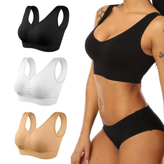 3-Pack Women's Seamless Sports Bras with Removable Pads for Sleep, Pull-On Closure, Plus Size, Black, White, and Nude, XXL