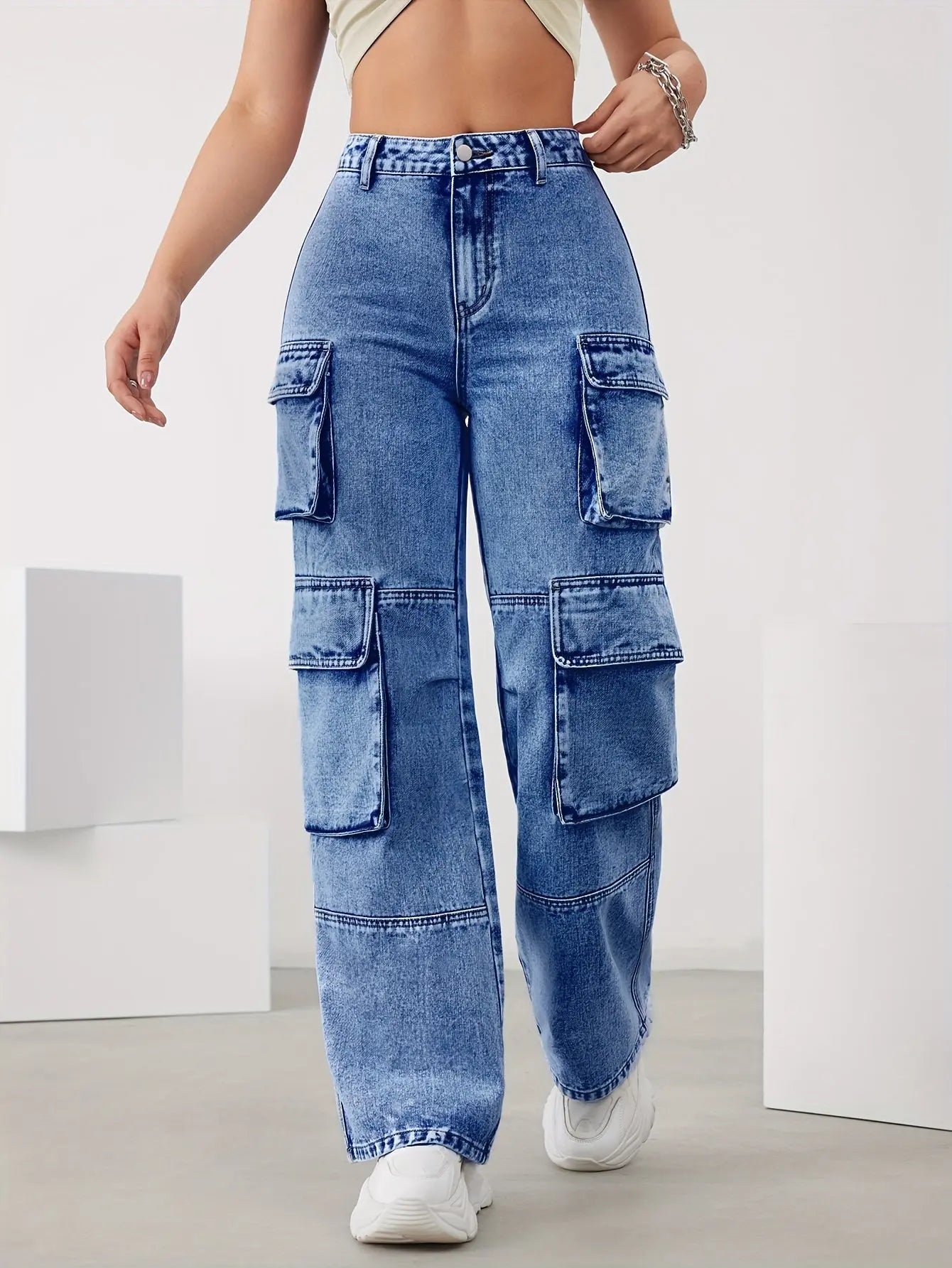 Sky Blue High-Waisted Wide-Leg Jeans with Multi-Pockets for Women - Versatile, Easy-Care Casual Denim Bella's store
