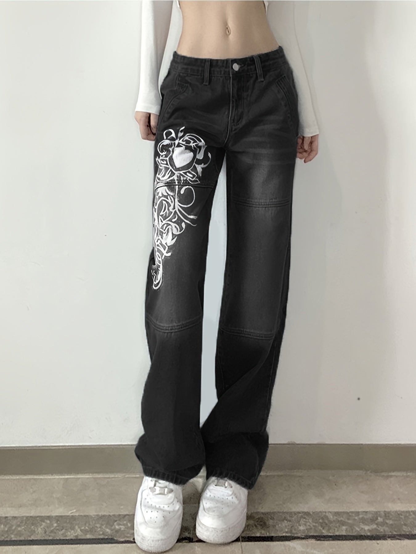 Chic White Floral Print High Waist Boyfriend Jeans - Flattering Thigh High Rise, Ultra-Comfy Loose Fit, Trendy Plicated Hem, Stylish Sectional Design, Premium Denim, Figure-Sculpting - Womens Closet Essential