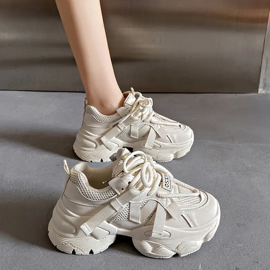 Women's Colorblock Casual Sneakers, Lace Up Platform Soft Sole Walking Comfort Shoes, Low-top Breathable & Heightening Trainers Bella's store