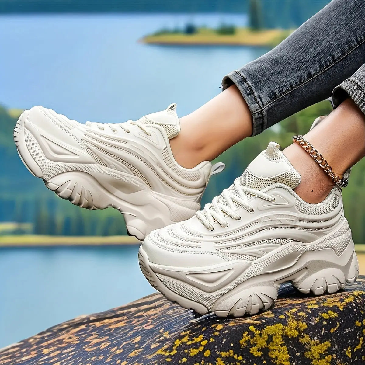 Women's Ultra-Light Breathable Mesh Sneakers - Chic Thick Sole Casual Running Shoes, Height-Boosting Low-Top Lace-Ups for Casual Attire, Work, and Walking - Versatile All-Season Footwear Bella's store