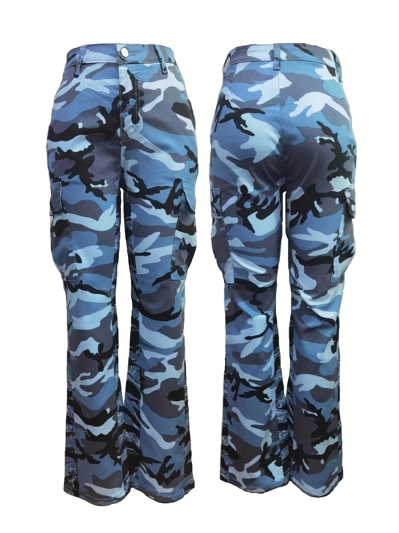 High Waist Straight Camouflage Cargo Jeans, Camo Print Medium Stretch Side Flap Pocket High Rise Denim Pants, Women's Denim Jeans & Clothing