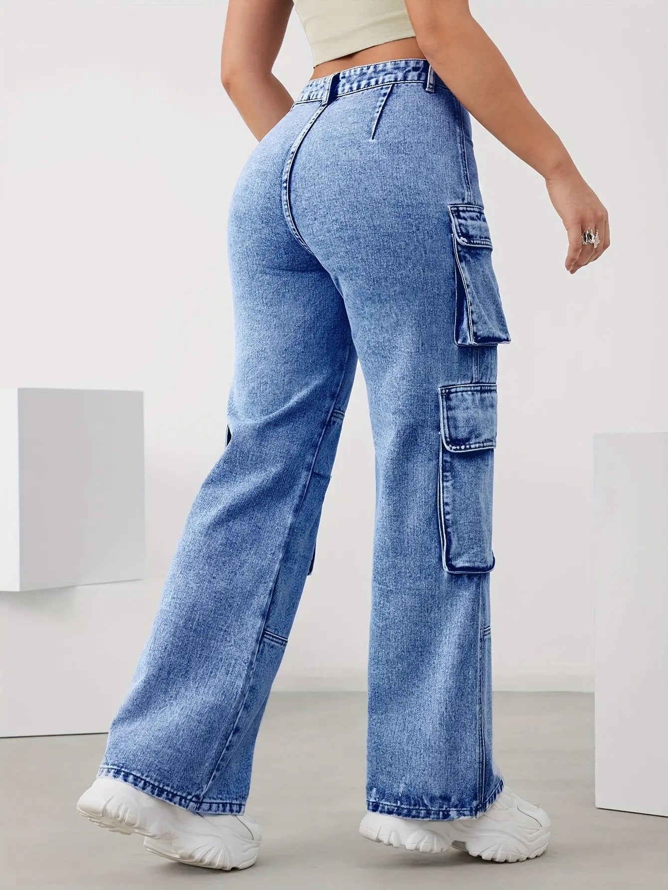 Sky Blue High-Waisted Wide-Leg Jeans with Multi-Pockets for Women - Versatile, Easy-Care Casual Denim Bella's store