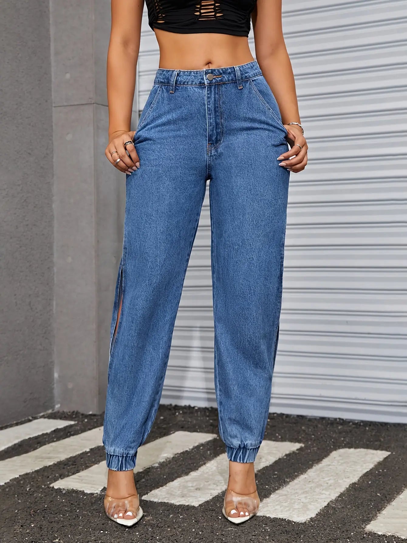 Chic DenimColab Jogger Pants - Comfortable Cotton, Sexy Split, All-Seasons Elegant Wear, Easy Maintenance Bella's store