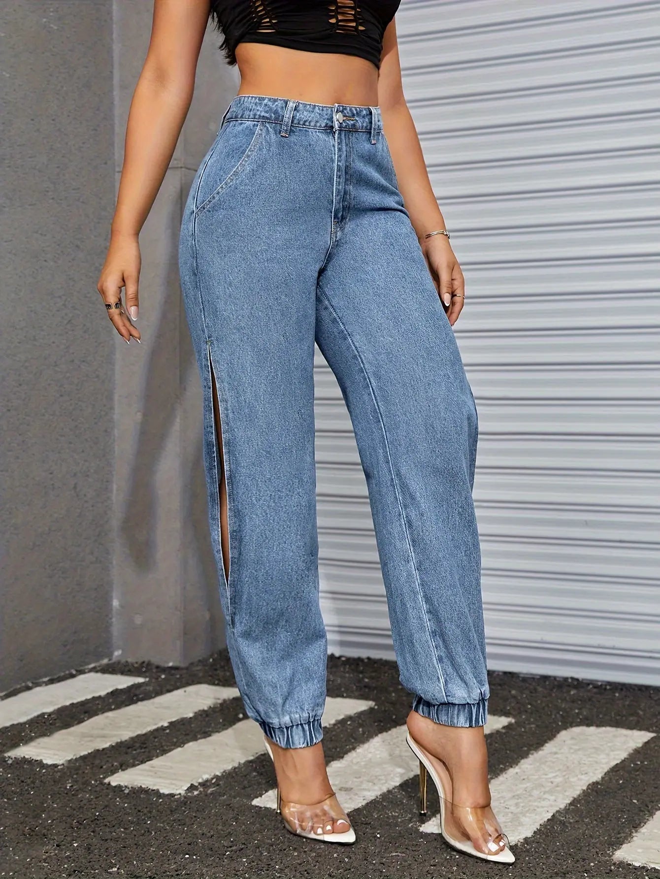 Chic DenimColab Jogger Pants - Comfortable Cotton, Sexy Split, All-Seasons Elegant Wear, Easy Maintenance Bella's store