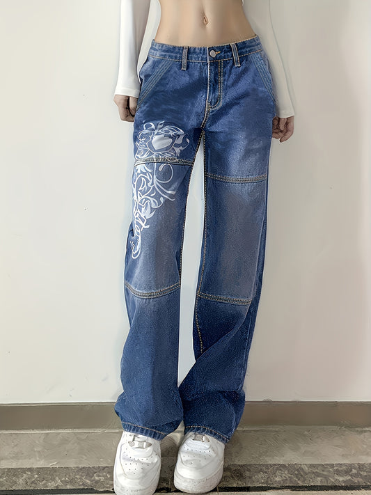 Chic White Floral Print High Waist Boyfriend Jeans - Flattering Thigh High Rise, Ultra-Comfy Loose Fit, Trendy Plicated Hem, Stylish Sectional Design, Premium Denim, Figure-Sculpting - Womens Closet Essential