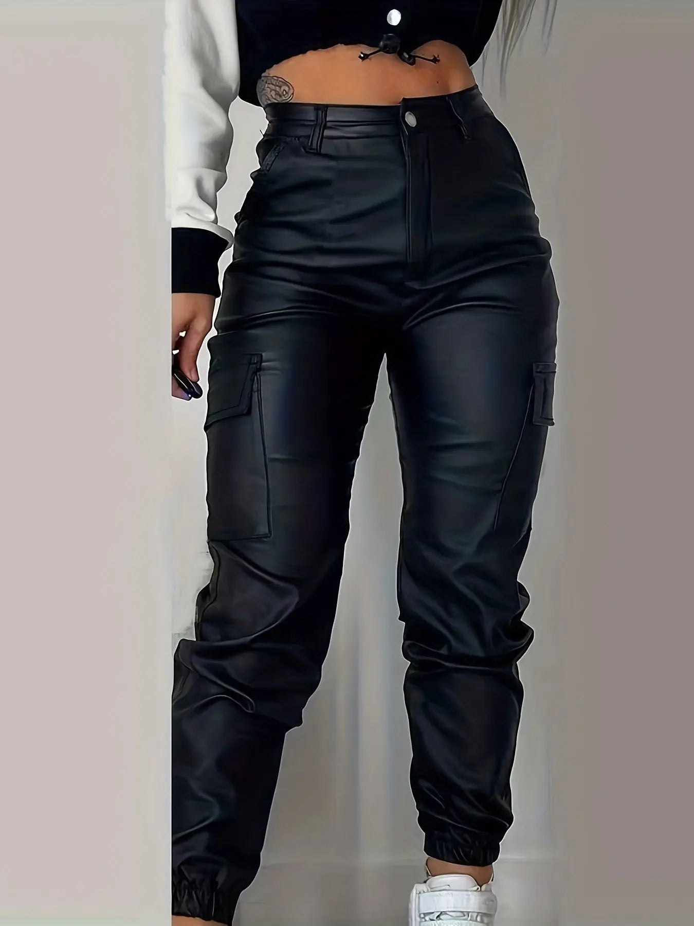 Stretchy Cargo Jeans - High-Waisted, Multi-Pocket, Leather-Look, Y2K Streetwear-Inspired, Fashionable Jogger Jeans for Women - Comfortable, Versatile, and Trendy Denim Clothing Bella's store