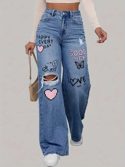 High Waist Heart Graffiti Jeans: Casual Wide-Leg Style, Ripped Denim for All Seasons Bella's store